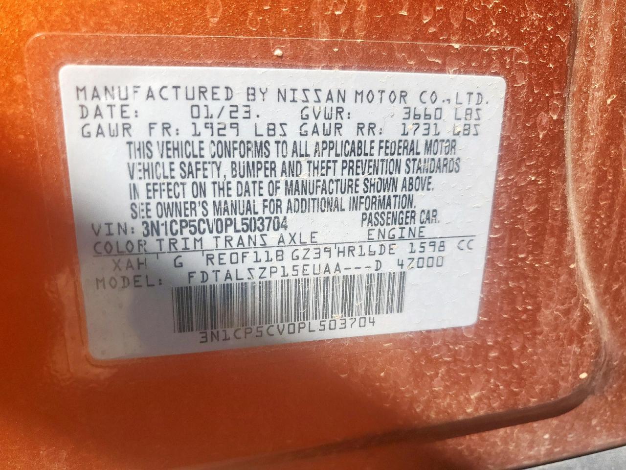 2023 Nissan Kicks Sv VIN: 3N1CP5CV0PL503704 Lot: 80501555