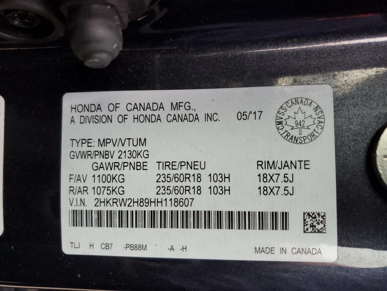 2017 Honda Cr-V Exl VIN: 2HKRW2H89HH118607 Lot: 81576715