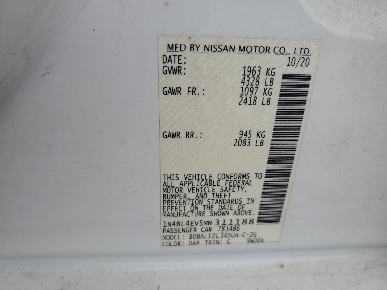 2021 Nissan Altima Sl VIN: 1N4BL4EV5MN311188 Lot: 84246335