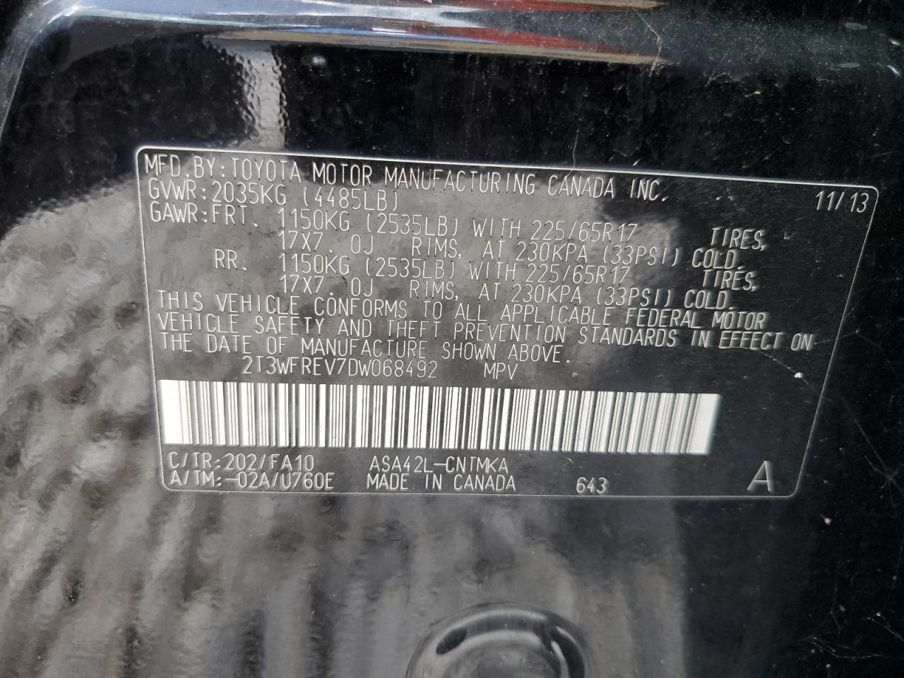 2013 Toyota Rav4 Xle VIN: 2T3WFREV7DW068492 Lot: 83815845