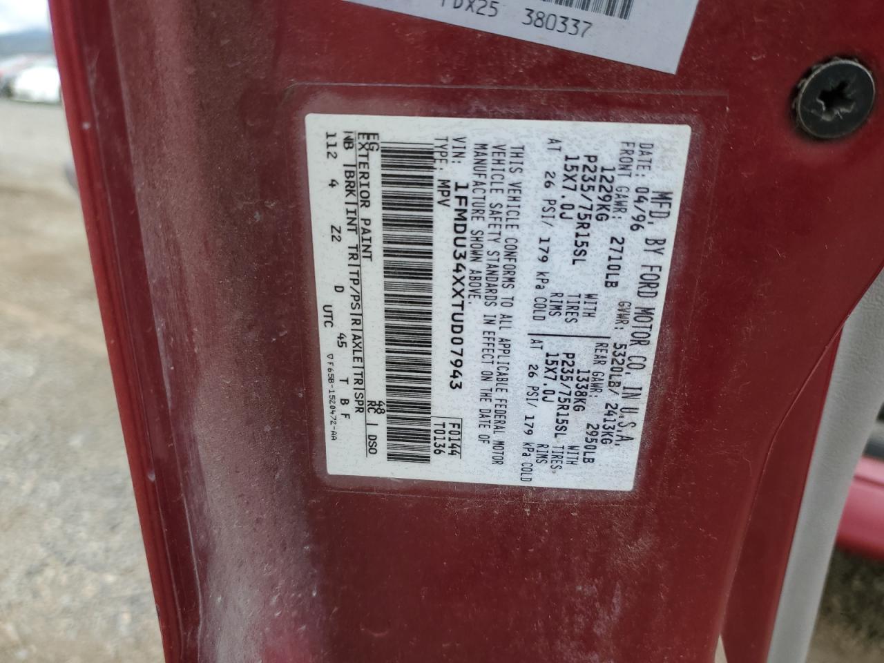 1996 Ford Explorer VIN: 1FMDU34XXTUD07943 Lot: 83859085