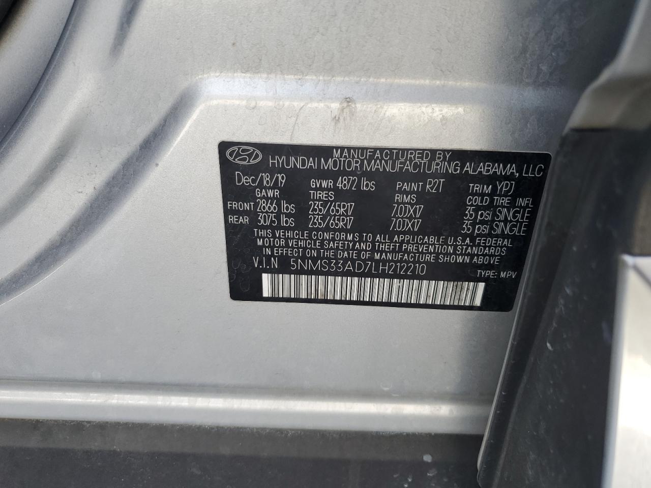 2020 Hyundai Santa Fe Sel VIN: 5NMS33AD7LH212210 Lot: 71396045