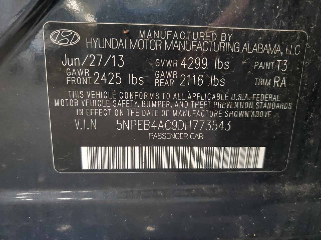 2013 Hyundai Sonata Gls VIN: 5NPEB4AC9DH773543 Lot: 80132395