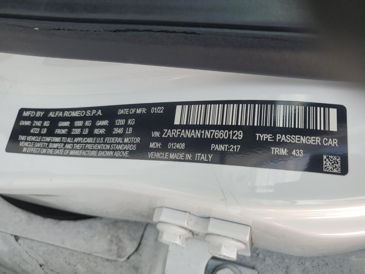 2022 Alfa Romeo Giulia VIN: ZARFANAN1N7660129 Lot: 71521535