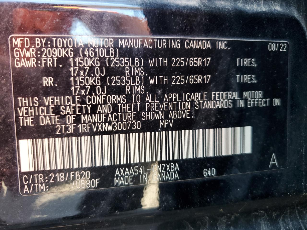 2022 Toyota Rav4 Le VIN: 2T3F1RFVXNW300730 Lot: 71211895