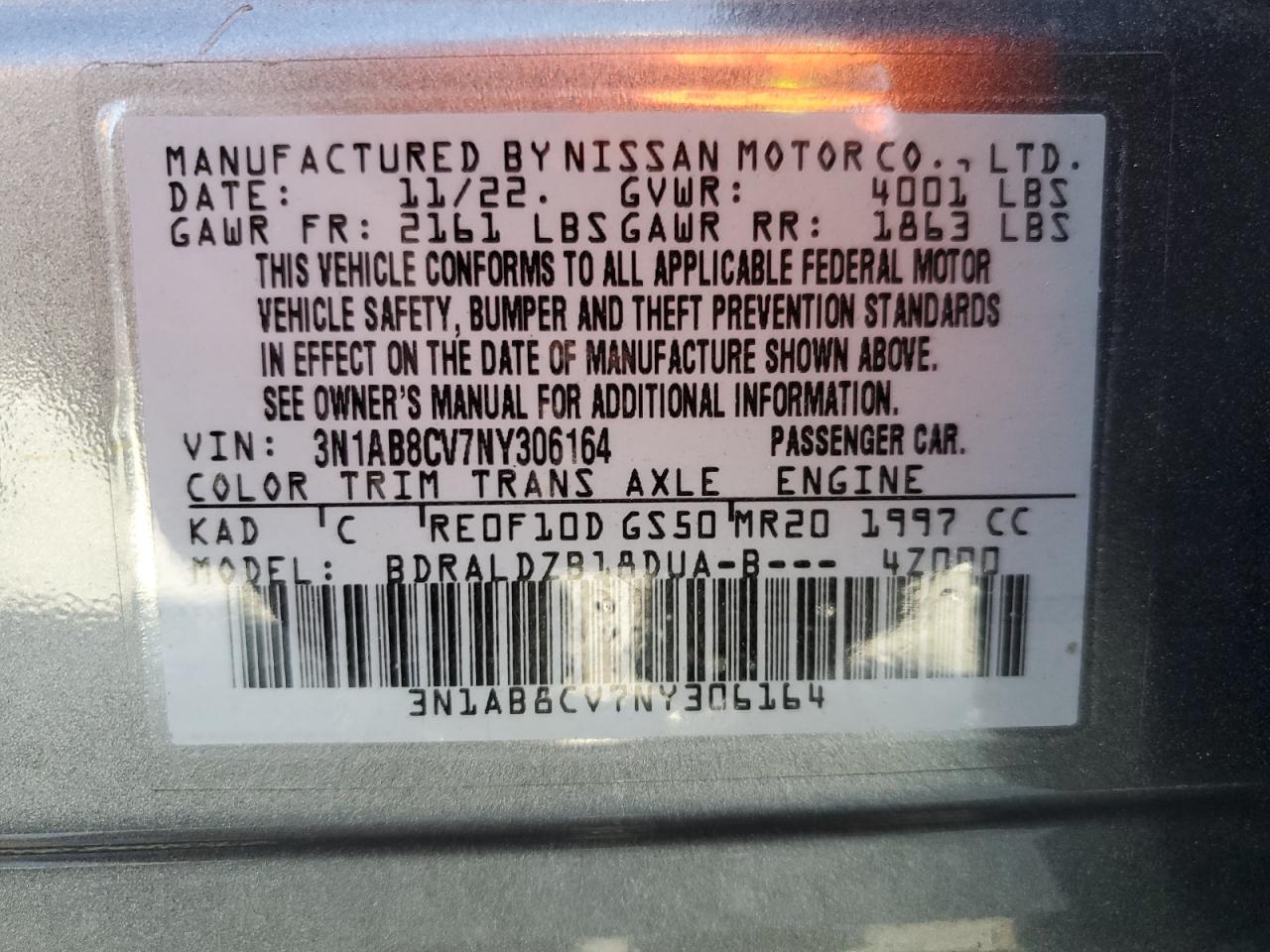 2022 Nissan Sentra Sv VIN: 3N1AB8CV7NY306164 Lot: 84296865