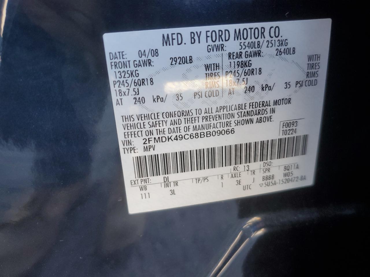 2008 Ford Edge Limited VIN: 2FMDK49C68BB09066 Lot: 80555535