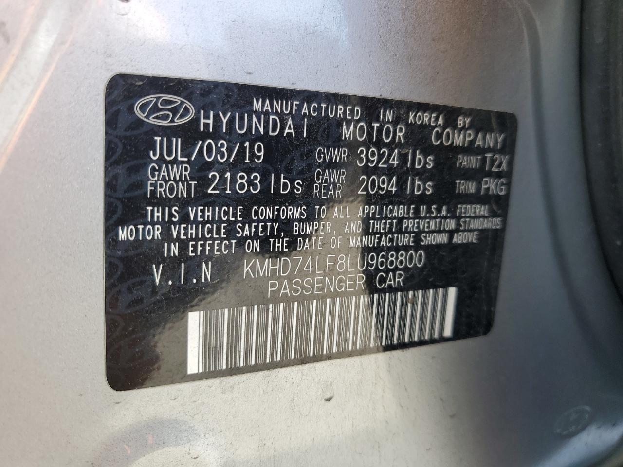 2020 Hyundai Elantra Se VIN: KMHD74LF8LU968800 Lot: 84035085