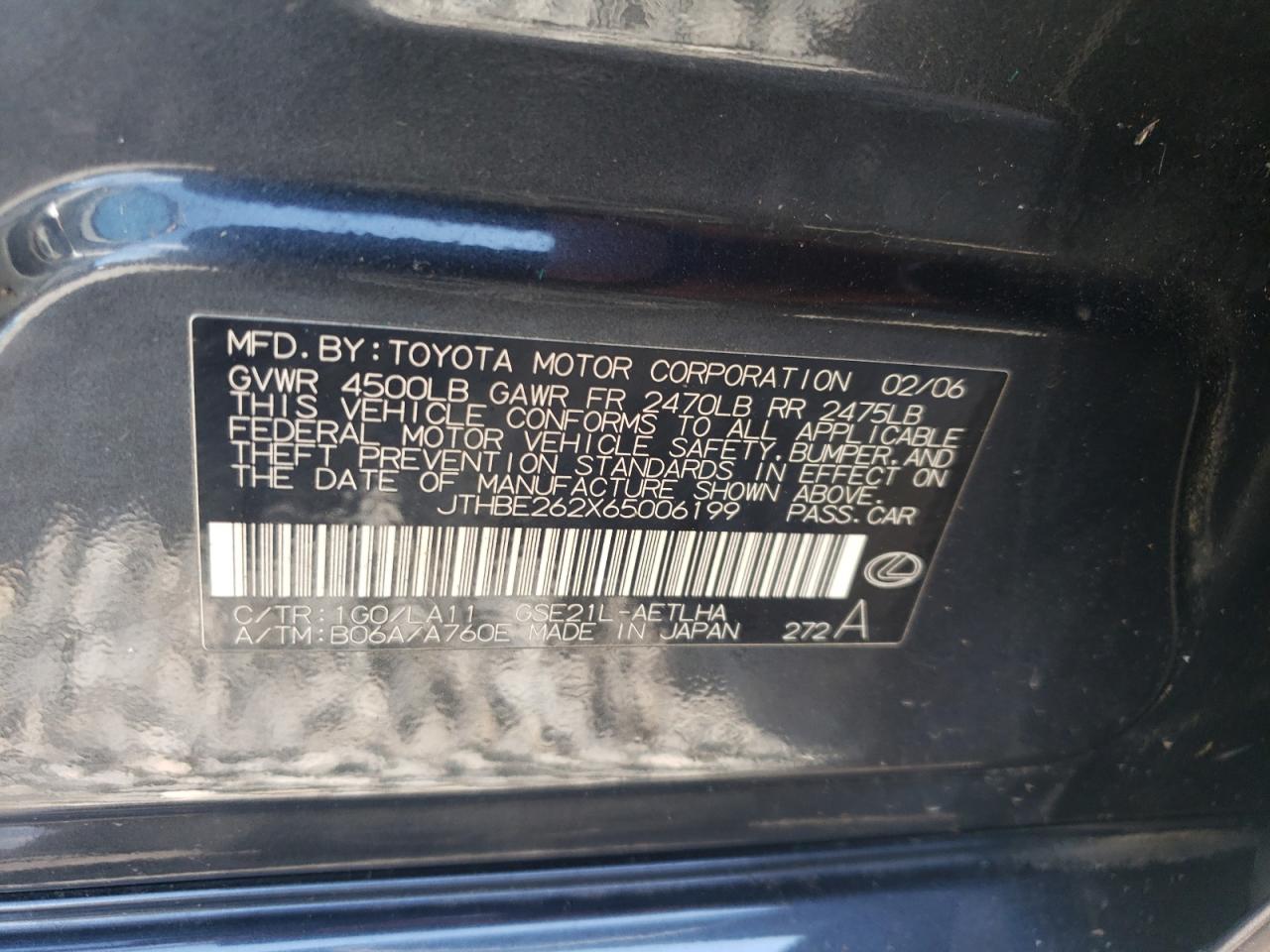 2006 Lexus Is 350 VIN: JTHBE262X65006199 Lot: 70866955