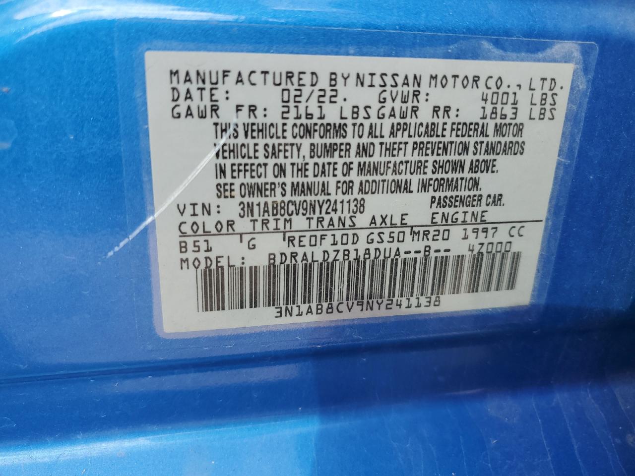 2022 Nissan Sentra Sv VIN: 3N1AB8CV9NY241138 Lot: 82158105