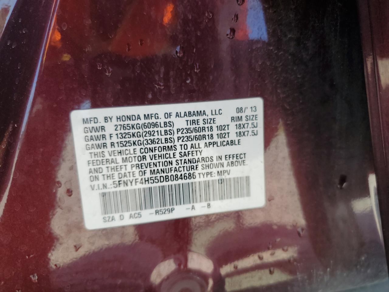 2013 Honda Pilot Exl VIN: 5FNYF4H55DB084686 Lot: 82038335