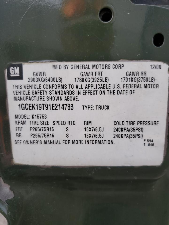 2001 Chevrolet Silverado K1500 VIN: 1GCEK19T91E214783 Lot: 80910775