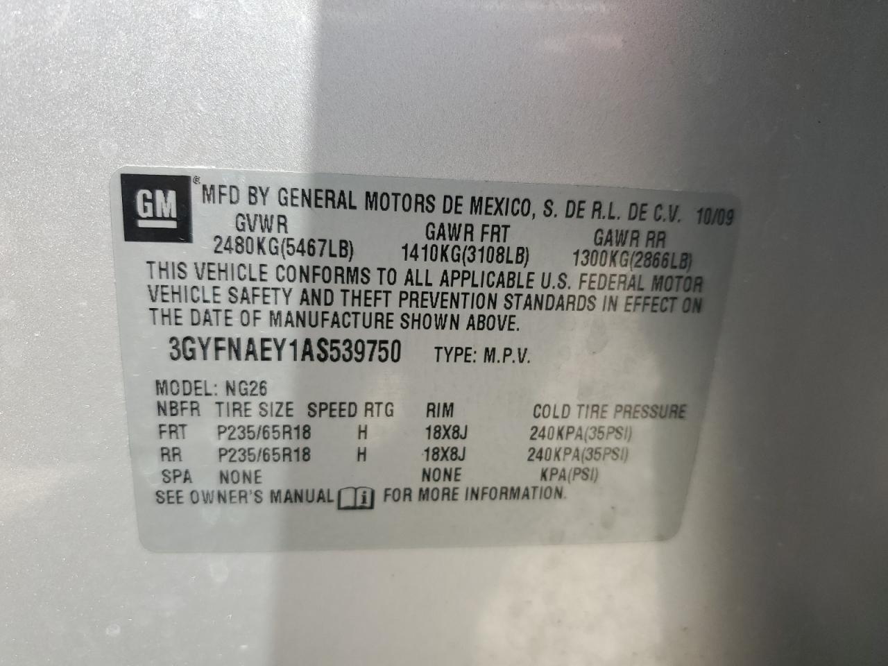 2010 Cadillac Srx Luxury Collection VIN: 3GYFNAEY1AS539750 Lot: 71639685