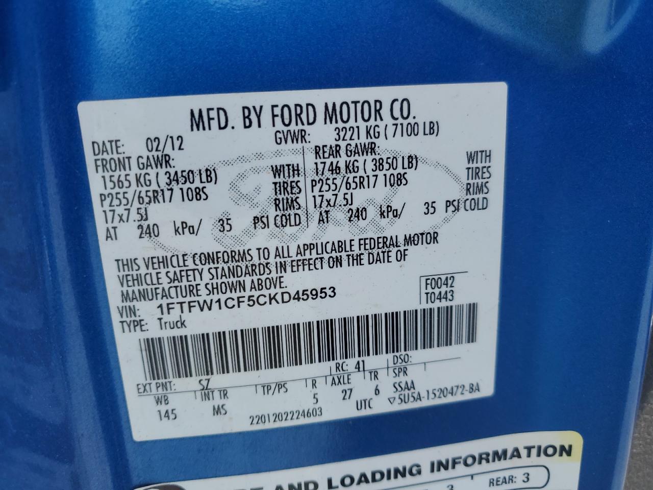 2012 Ford F150 Supercrew VIN: 1FTFW1CF5CKD45953 Lot: 80826055