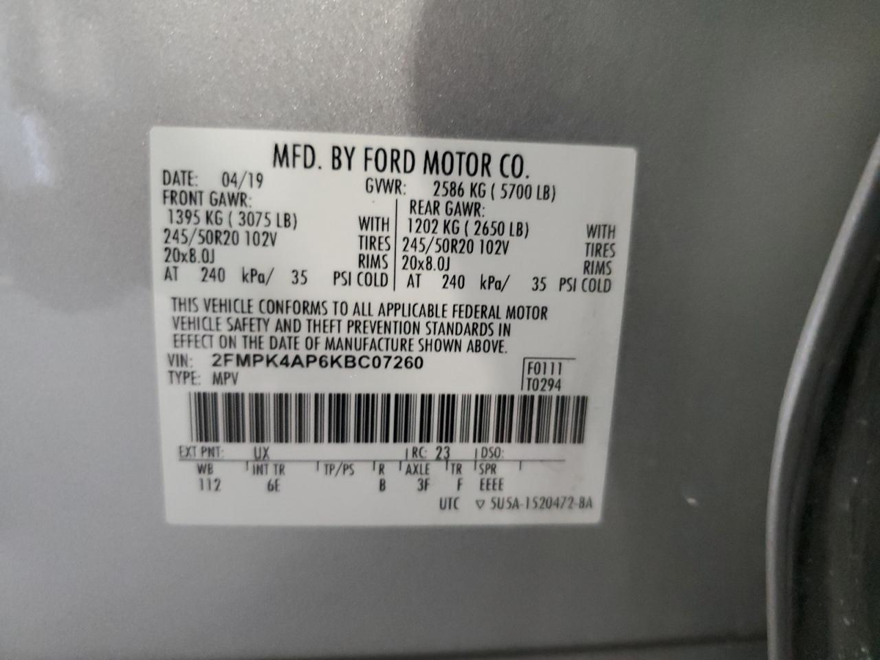 2019 Ford Edge St VIN: 2FMPK4AP6KBC07260 Lot: 80742955
