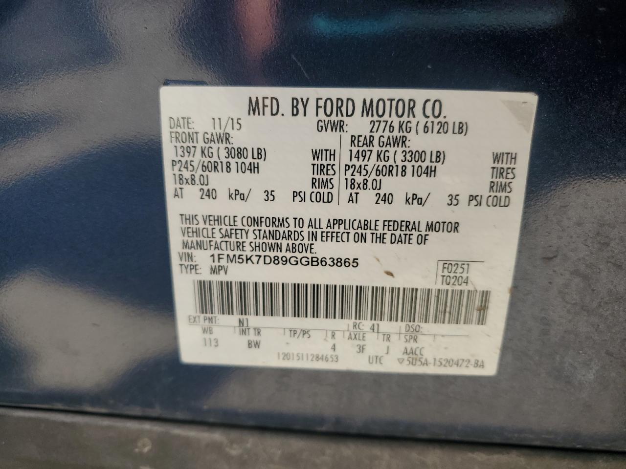 2016 Ford Explorer Xlt VIN: 1FM5K7D89GGB63865 Lot: 71901565