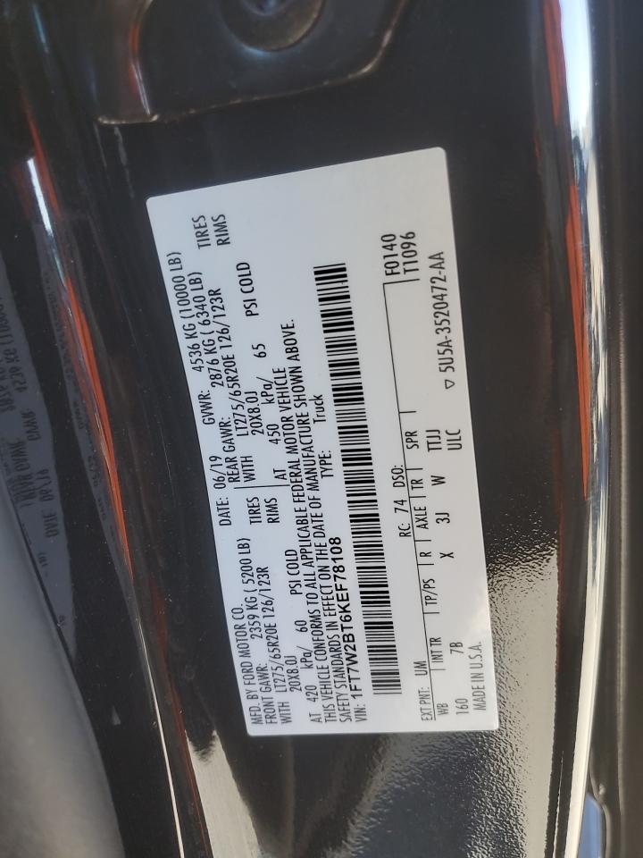 2019 Ford F250 Super Duty VIN: 1FT7W2BT6KEF78108 Lot: 83761505