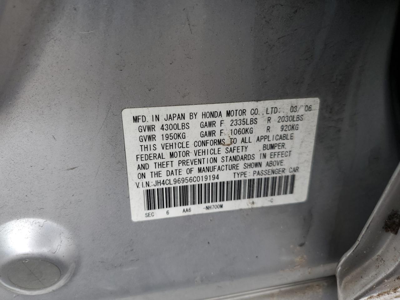 2006 Acura Tsx VIN: JH4CL96956C019194 Lot: 83929145