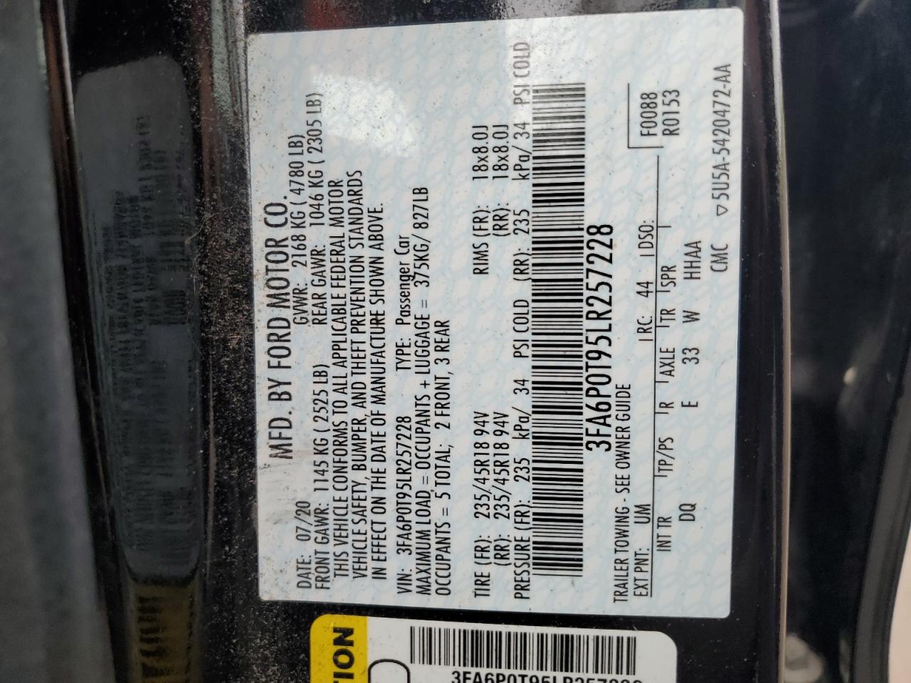 2020 Ford Fusion Se VIN: 3FA6P0T95LR257228 Lot: 81797935