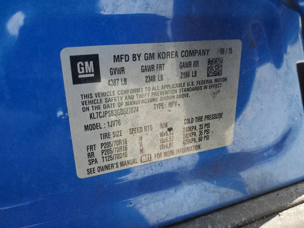 2016 Chevrolet Trax 1Lt VIN: KL7CJPSB3GB527074 Lot: 83937325