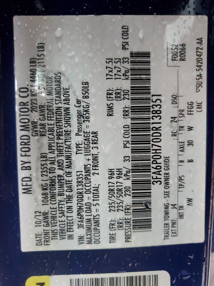 2013 Ford Fusion Se VIN: 3FA6P0H70DR138351 Lot: 80907525