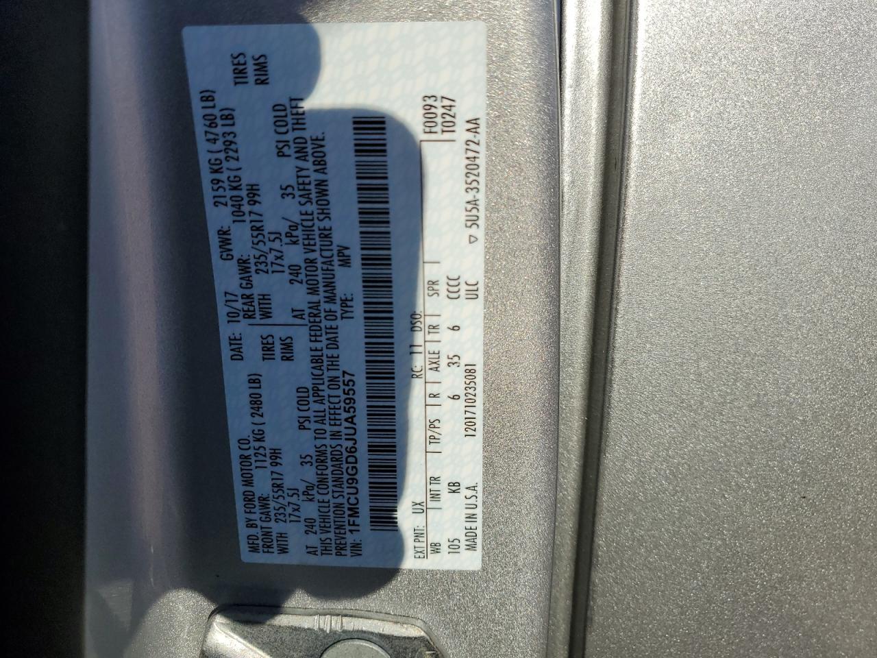 2018 Ford Escape Se VIN: 1FMCU9GD6JUA59557 Lot: 71212655