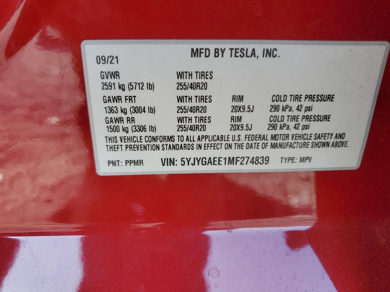 2021 Tesla Model Y VIN: 5YJYGAEE1MF274839 Lot: 84637615