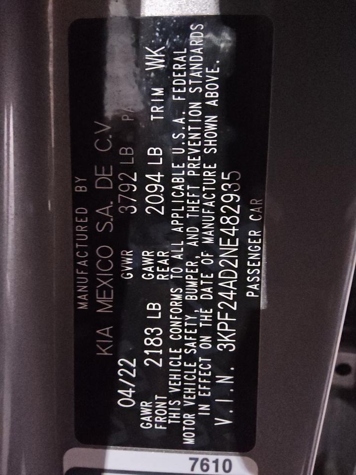2022 Kia Forte Fe VIN: 3KPF24AD2NE482935 Lot: 83803065