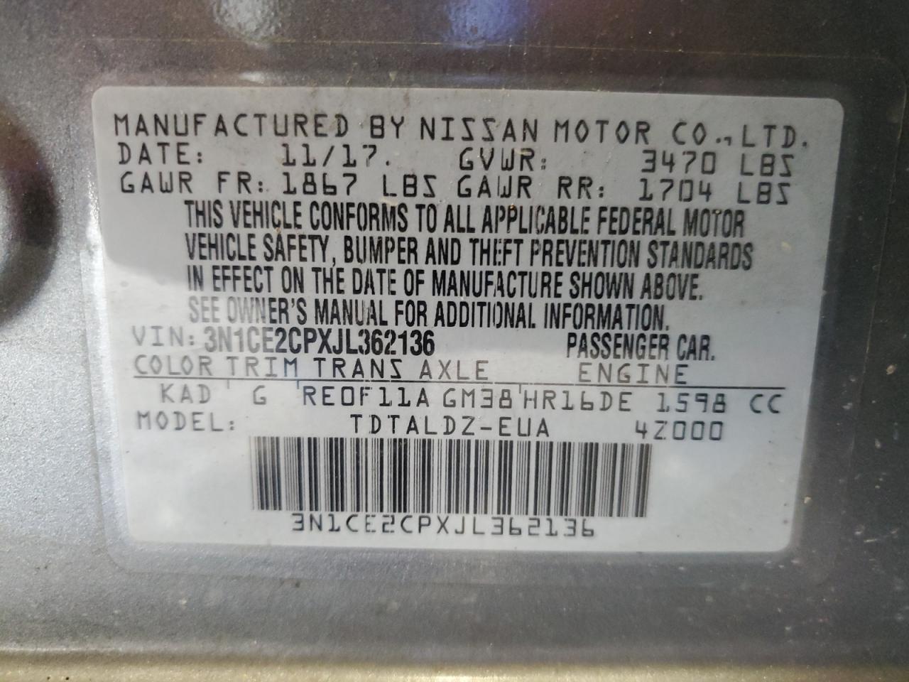 2018 Nissan Versa Note S VIN: 3N1CE2CPXJL362136 Lot: 84001385