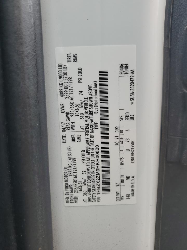 2017 Ford Transit T-350 VIN: 1FBZX2ZM9HKB00820 Lot: 80820215