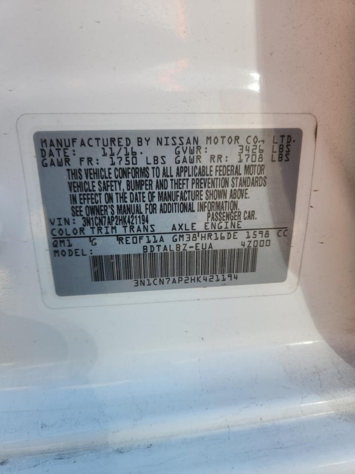 2017 Nissan Versa S VIN: 3N1CN7AP2HK421194 Lot: 72077345
