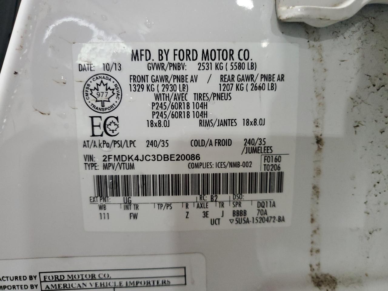 2013 Ford Edge Sel VIN: 2FMDK4JC3DBE20086 Lot: 80363445