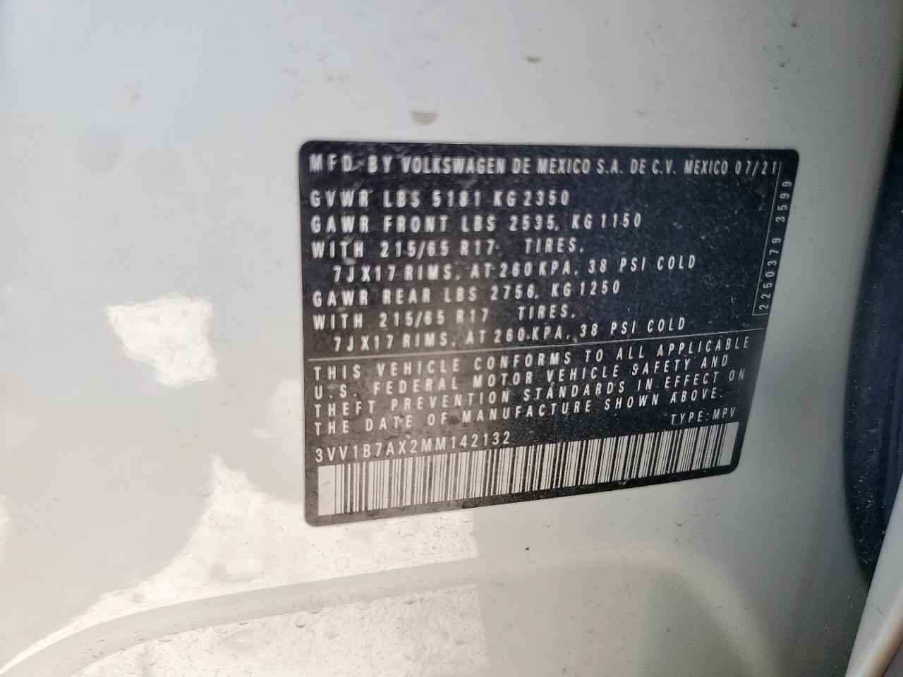 2021 Volkswagen Tiguan S VIN: 3VV1B7AX2MM142132 Lot: 80150445