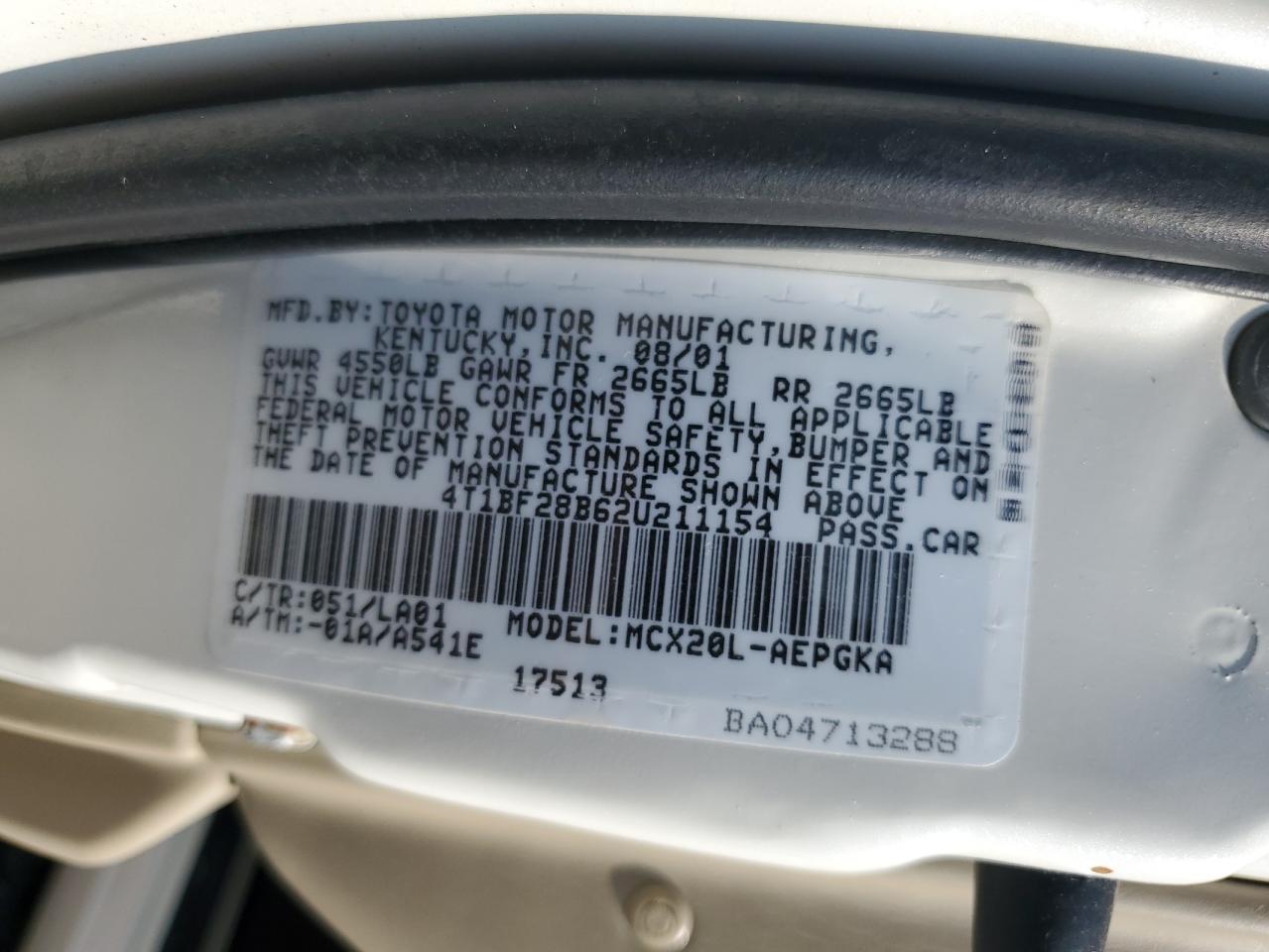 2002 Toyota Avalon Xl VIN: 4T1BF28B62U211154 Lot: 80151135