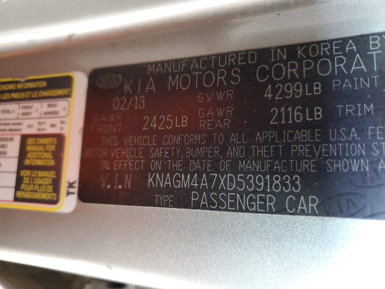 2013 Kia Optima Lx VIN: KNAGM4A7XD5391833 Lot: 71841335