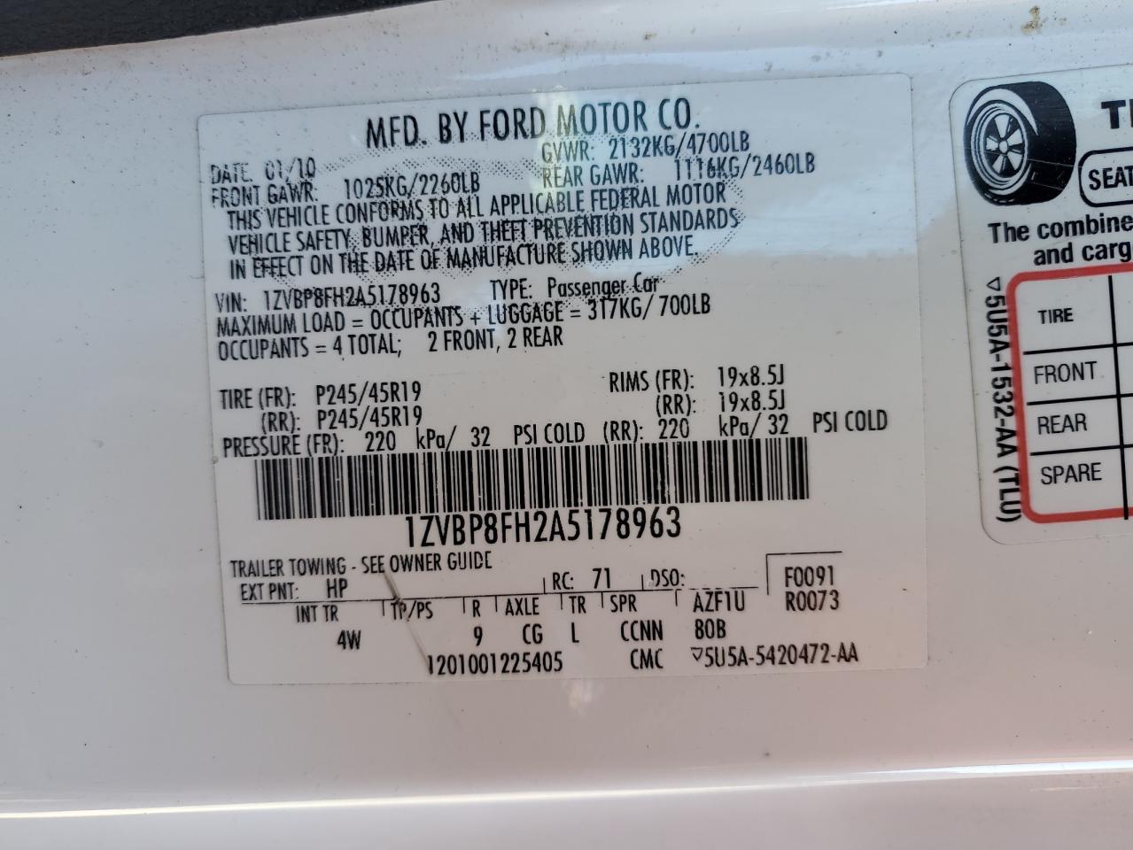 2010 Ford Mustang Gt VIN: 1ZVBP8FH2A5178963 Lot: 82168355