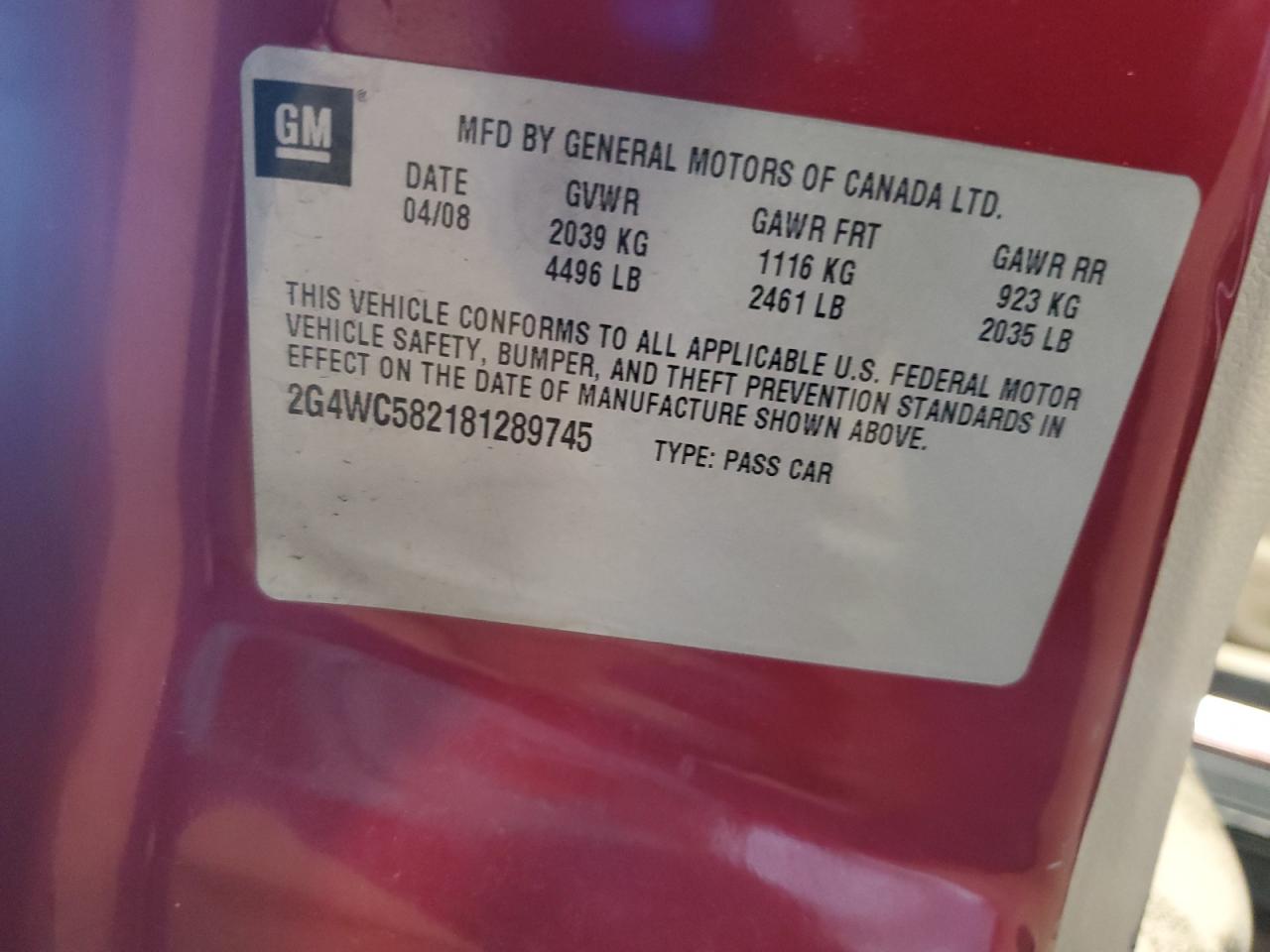 2008 Buick Lacrosse Cx VIN: 2G4WC582181289745 Lot: 71997235