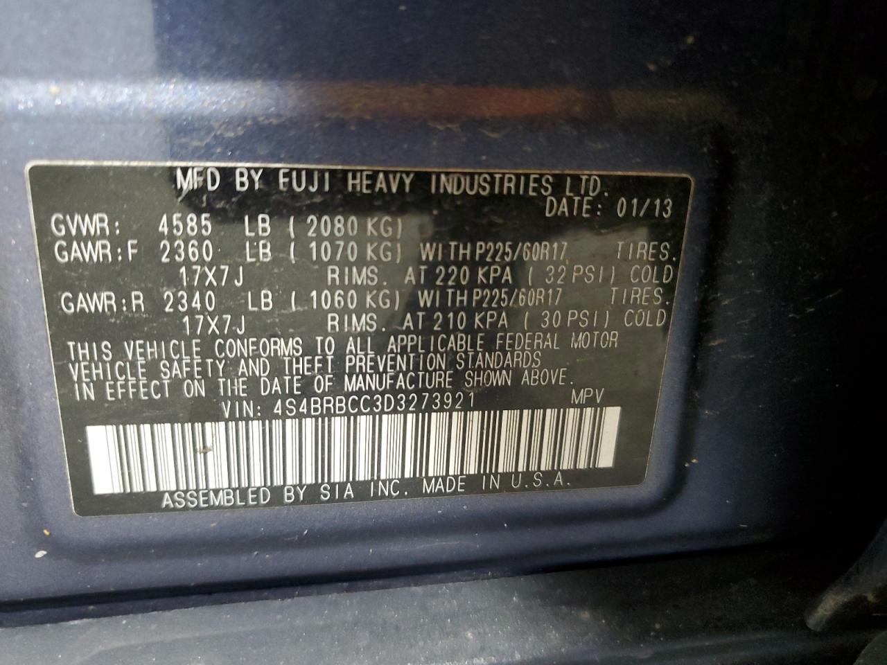 2013 Subaru Outback 2.5I Premium VIN: 4S4BRBCC3D3273921 Lot: 71215875