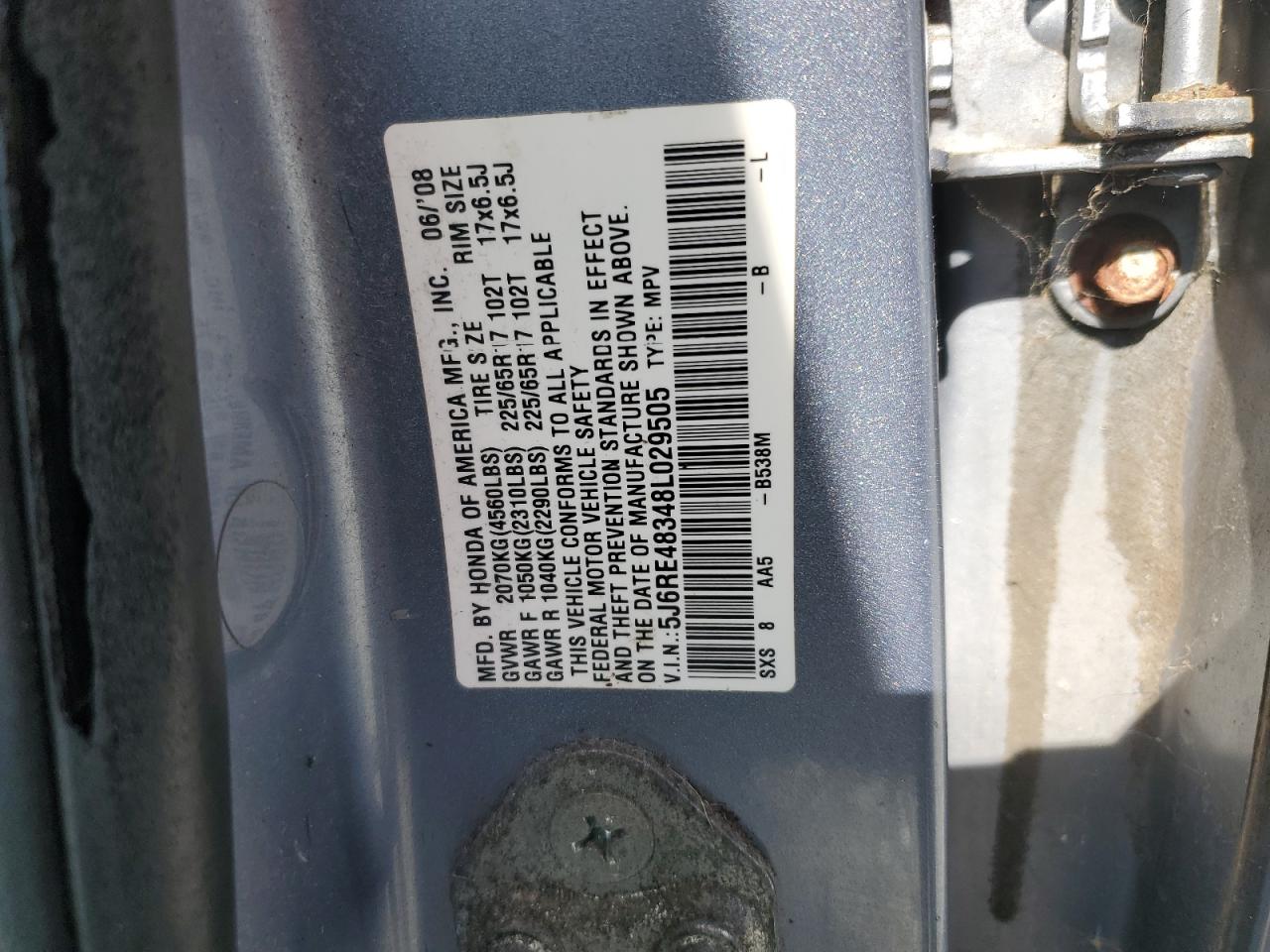 2008 Honda Cr-V Lx VIN: 5J6RE48348L029505 Lot: 84266945