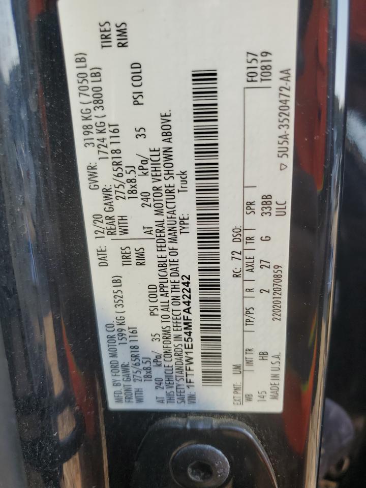 2021 Ford F150 Supercrew VIN: 1FTFW1E54MFA42242 Lot: 81378445