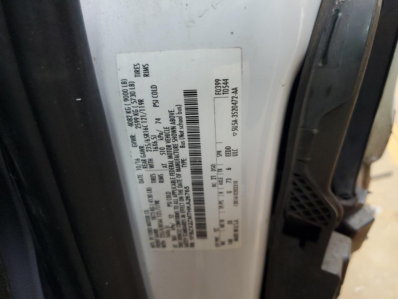 2017 Ford Transit T-350 VIN: 1FBZX2ZM7HKA26765 Lot: 80778405