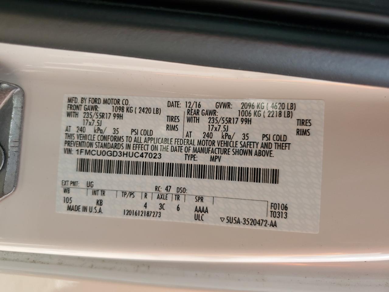 2017 Ford Escape Se VIN: 1FMCU0GD3HUC47023 Lot: 83807525