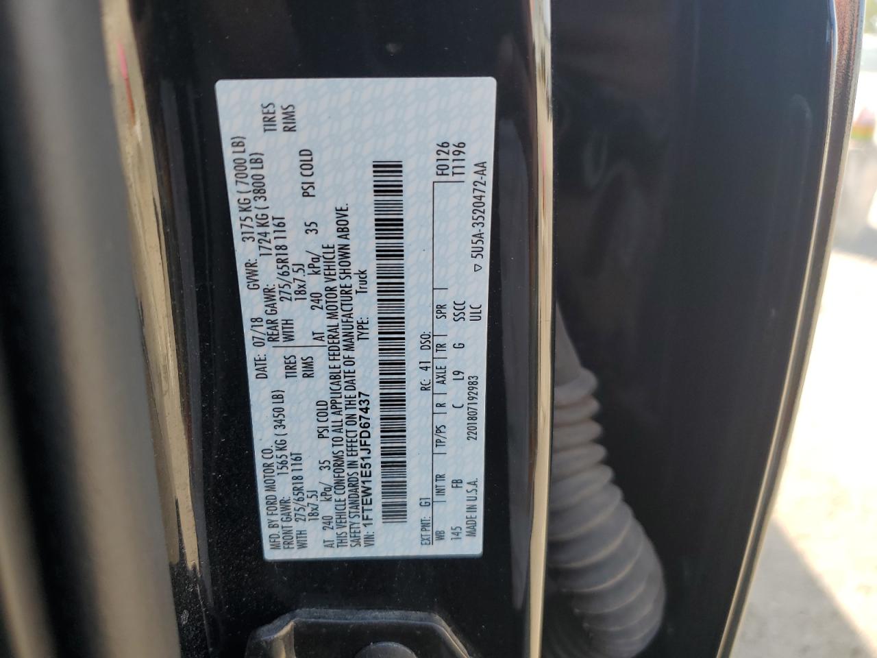 2018 Ford F150 Supercrew VIN: 1FTEW1E51JFD67437 Lot: 80072995