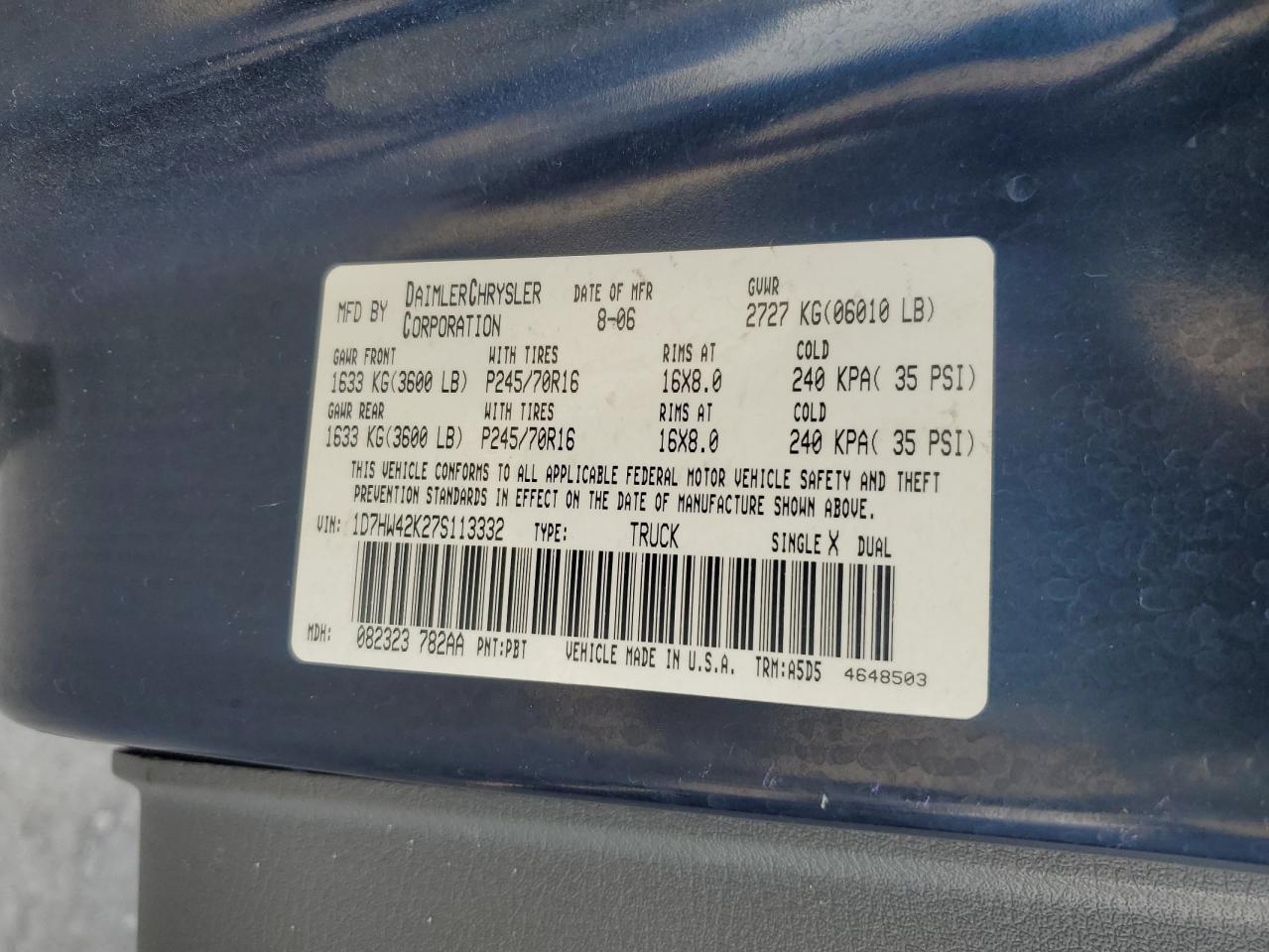 2007 Dodge Dakota Slt VIN: 1D7HW42K27S113332 Lot: 71510905