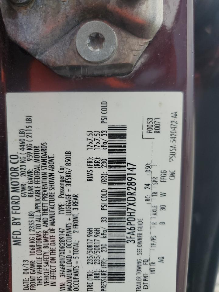 2013 Ford Fusion Se VIN: 3FA6P0H7XDR289147 Lot: 81803595