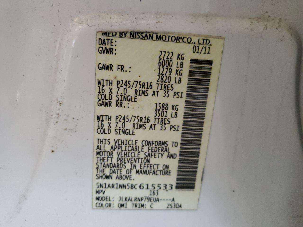 2011 Nissan Pathfinder S VIN: 5N1AR1NN5BC615533 Lot: 69707165