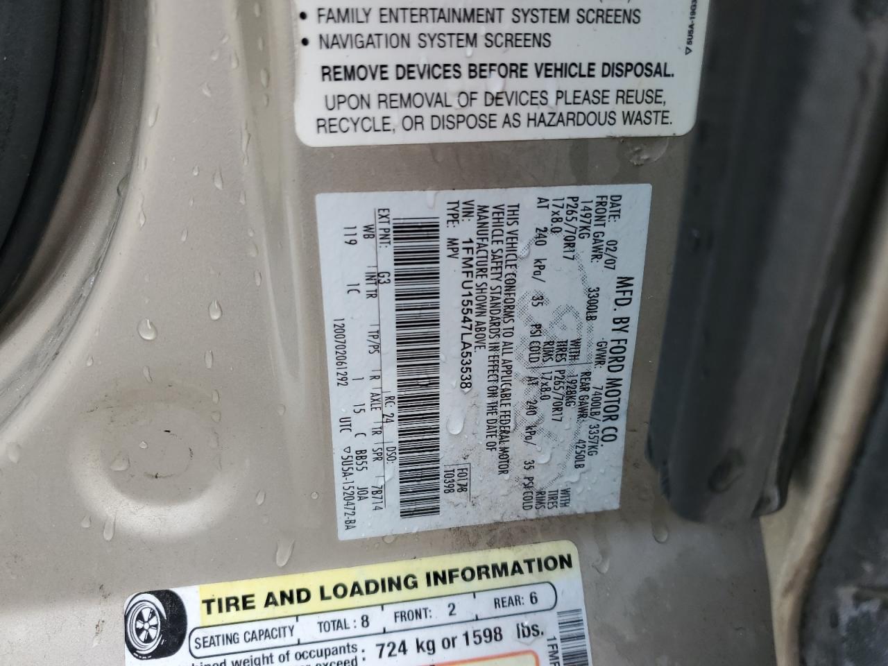 2007 Ford Expedition Xlt VIN: 1FMFU15547LA53538 Lot: 80892725