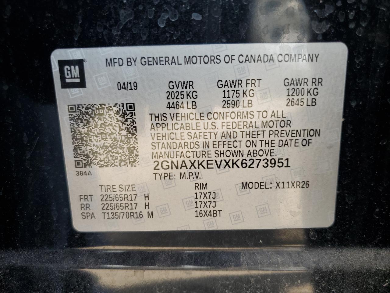 2019 Chevrolet Equinox Lt VIN: 2GNAXKEVXK6273951 Lot: 80900035