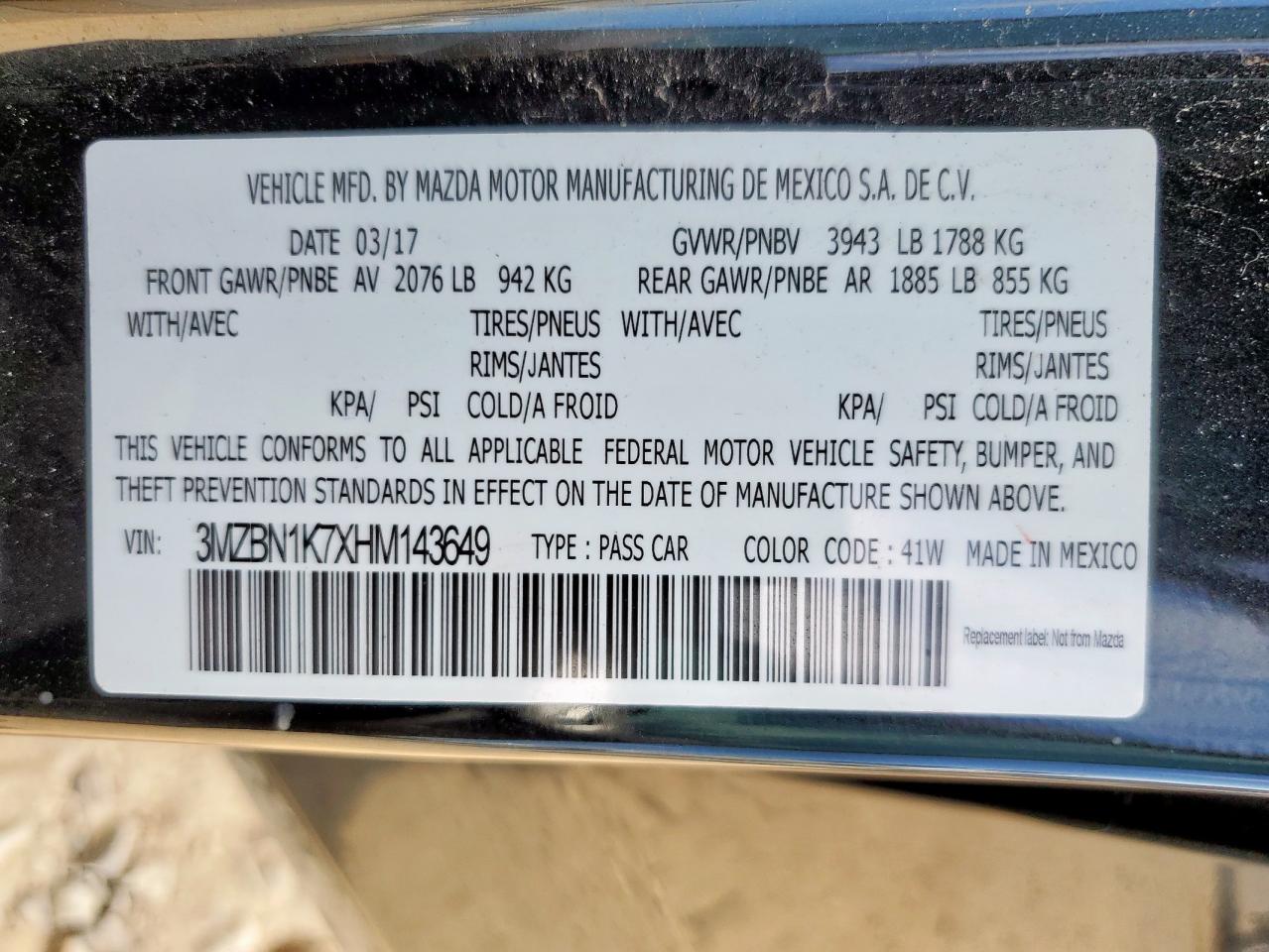 2017 Mazda 3 Sport VIN: 3MZBN1K7XHM143649 Lot: 83872685