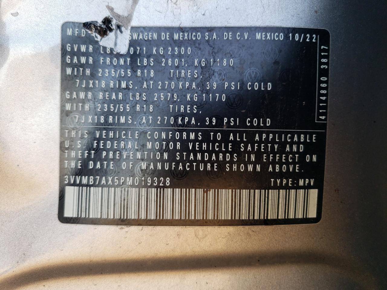 2023 Volkswagen Tiguan Se VIN: 3VVMB7AX5PM019328 Lot: 81133995